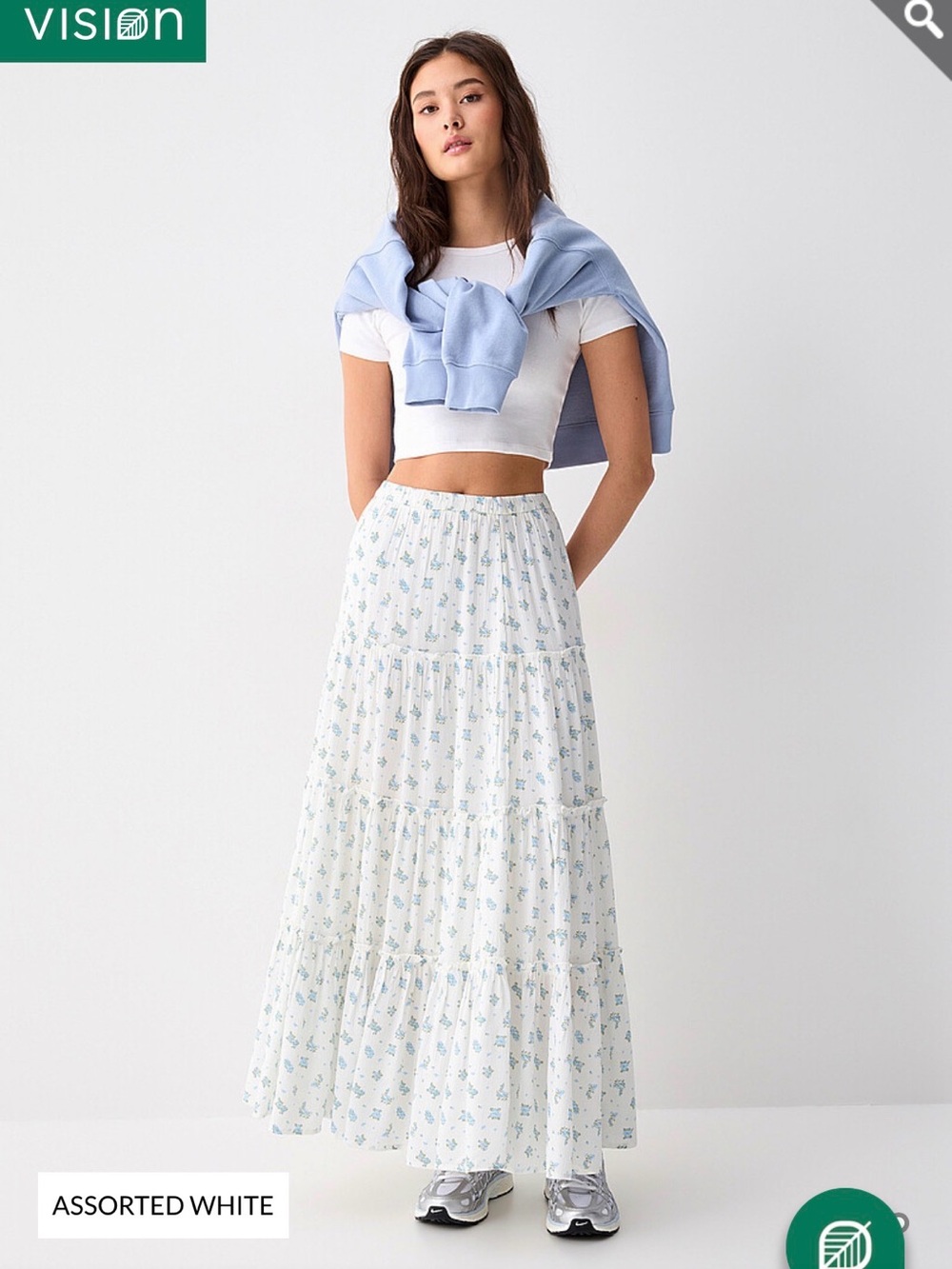 twik brand (Simon’s) White Tiered Maxi Skirt with blue floral design